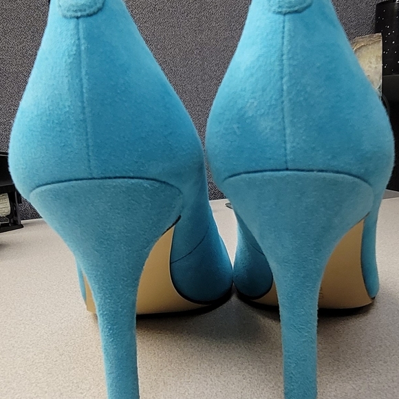 Ivanka Trump Teal Suede Open Toe Heels - Picture 3 of 7